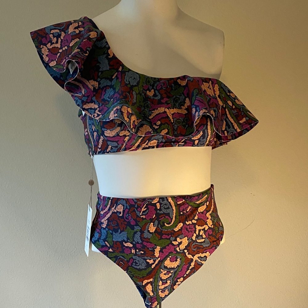 Cleobella Mae Top Colorful One-Shoulder Bikini Swimsuit Set with Ruffle NWT